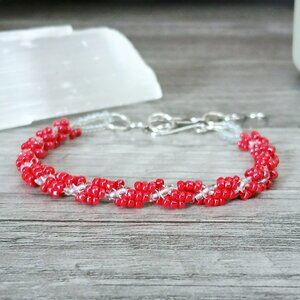 Red beaded spiral rope bracelet, adjustable 7 - 9"